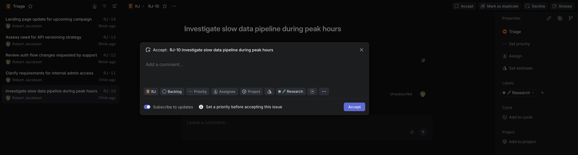 A screenshot of the triage view in Linear with 5 tasks and a popup selected that requires certain points to be set before accepting it